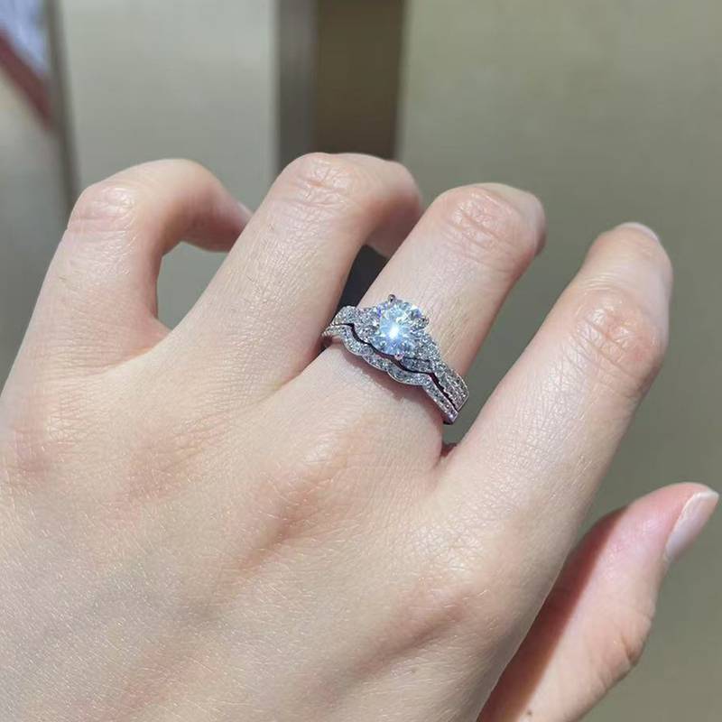S925 Silver Plated Platinum Primary and Secondary Set Ring, Stacked Women's Ring, Customized Selection, Main Stone Moissanite Diamond 1.2ct/Secondary Stone High Carbon Diamond
